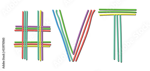 VT Hashtag. Isolate doodle lettering text from multi-colored curved neon lines like from a felt-tip pen, pensil. #VT is abbreviation for the US America state Vermont for banner, social network, t-shir