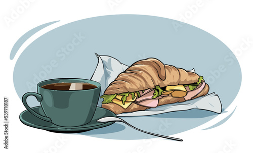Black cafe americano and french croissant snack for break, Taking lunch at work, Fresh ham and cheese croissant cappuccino at bakery, delicious healthy gourmet sandwich breakfast coffee shop