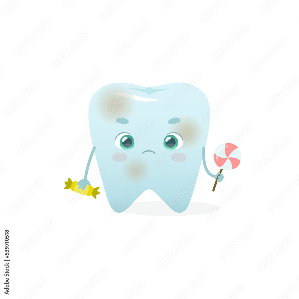 Cartoon grumpy tooth with sweets. Cute dental mascot with caries. Dental problem vector illustration for kids. Cartoon grumpy tooth with sweets. Cute dental mascot with caries. Dental problem vector illustration for kids.