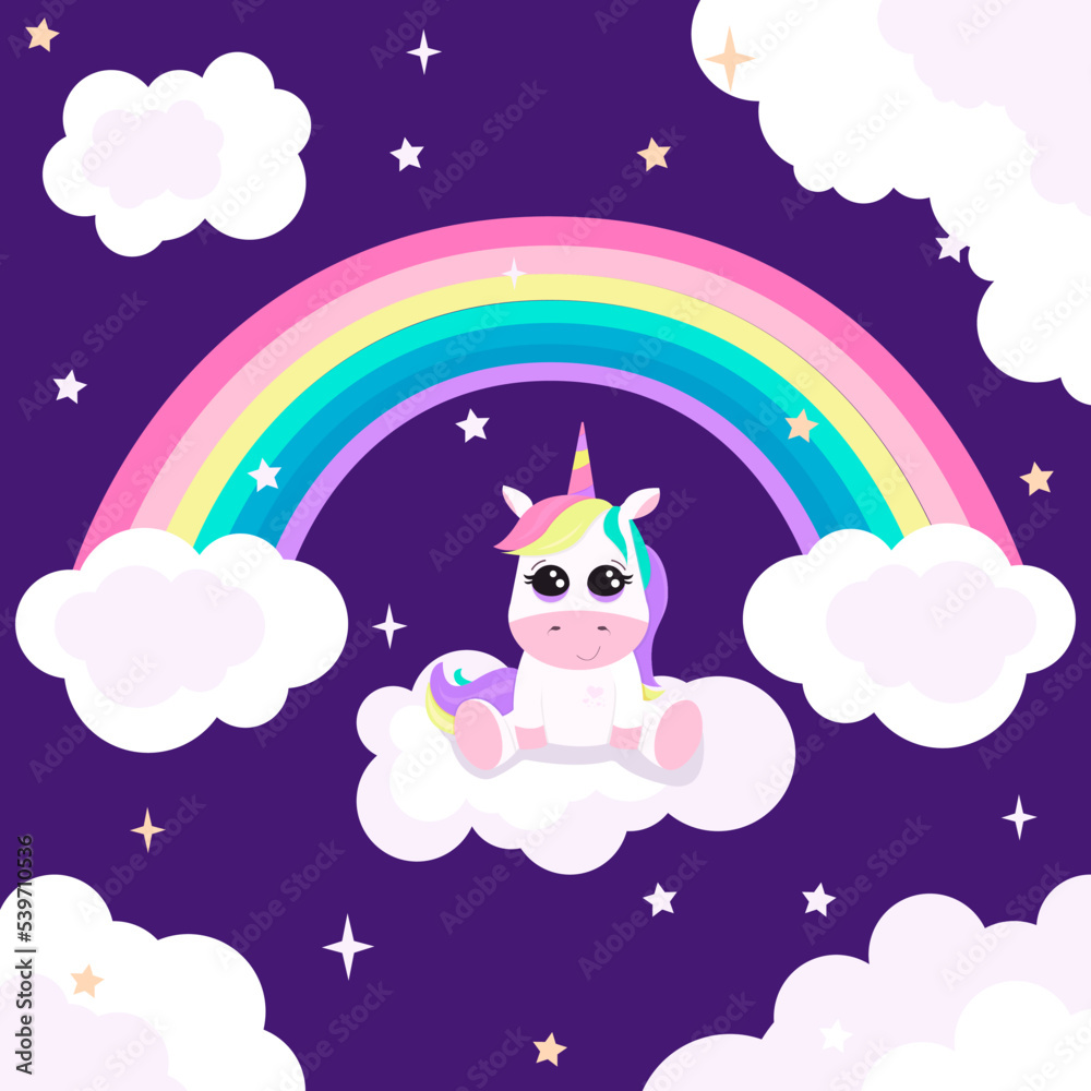Naklejka premium Illustration with cute unicorn, rainbow and clouds. on dark blue background with stars. It can be used like postcard, poster, in typography