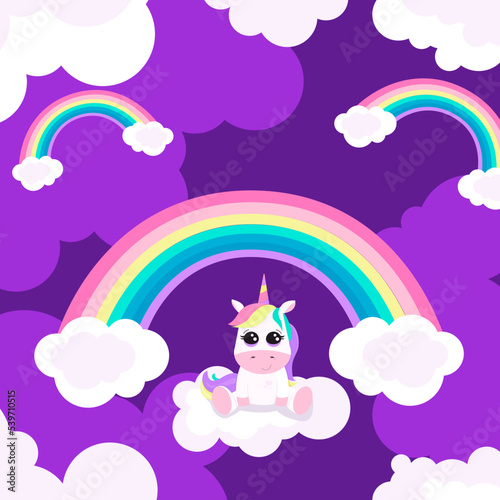 Illustration with cute unicorn  rainbow and clouds. It can be used like postcard  poster  in typography