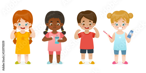 Set of cartoon children brush their teeth. Dental hygiene collection for children. Diverse kids take care of their teeth.