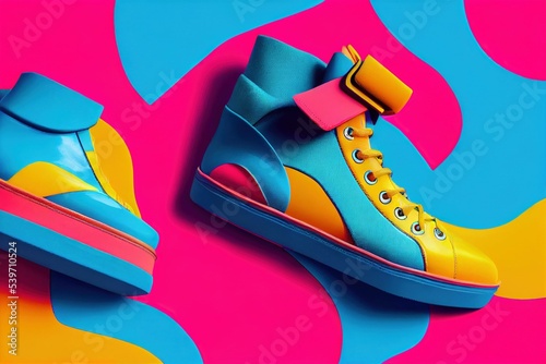 Hyper realistic illustration of a pair of creative colorful sneakers on a colorful background