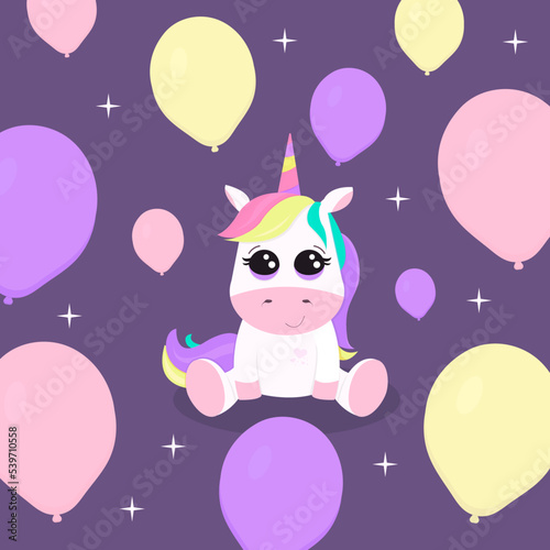 Illustration with cute unicorn, balloons, stars on dark violet background. It can be used like card or invitation or in print and typography