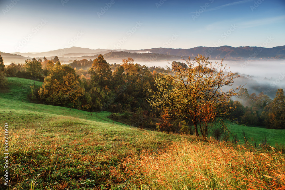 autumn scenery,morning foggy landscape in northeastern Bosnia