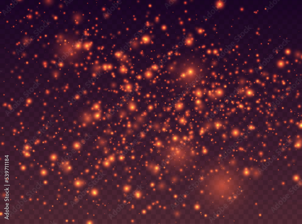 Fire sparks, magic sparkles, hellfire particles light effect. Shiny flying particles, cosmic dust with glowing flares isolated on a dark background. Vector illustration.