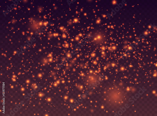 Fire sparks, magic sparkles, hellfire particles light effect. Shiny flying particles, cosmic dust with glowing flares isolated on a dark background. Vector illustration.