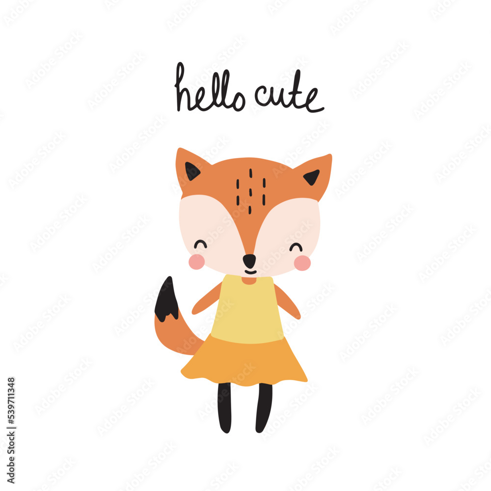 Fototapeta premium Vector illustration with a cute fox and an inscription on a white background for your design.