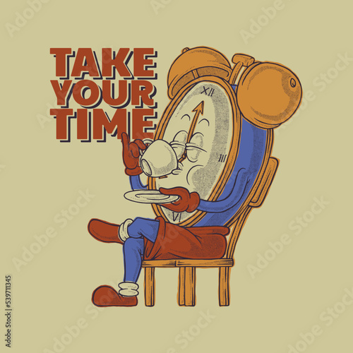 Cartoon illustration of clock mascot drinking a coffee cup