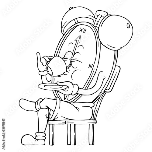 Coloring illustration of cartoon clock mascot drink a coffee cup
