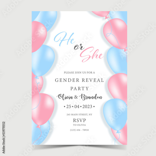 Invitation for gender reveal party. He or she postcard. Baby shower announcement banner in soft pink and blue pastel colours background, 3d. Boy or girl, trending illustration trending	