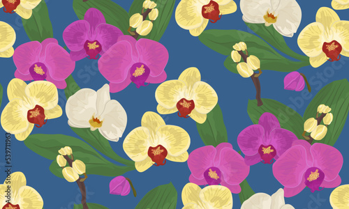 Botanical seamless pattern of pink and yellow orchid flowers on blue background. Vintage floral vector illustration.