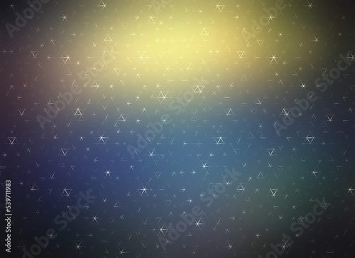 Secret science night glow abstract background. Shiny polygonal network. Dark blue yellow holographic blur backdrop.