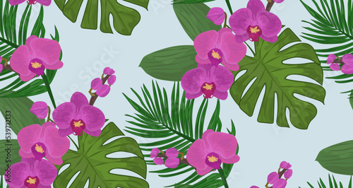 Floral seamless pattern with pink and purple orchids and tropical green leaves jungle. Exotic vector illustration.