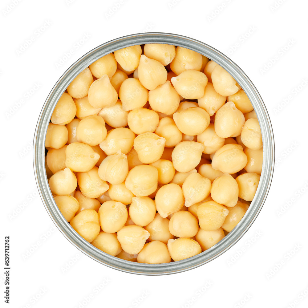 Chickpeas, in an opened can. Cooked and canned chick peas, high in protein, seeds of Cicer arietinum, a legume, also known as garbanzo beans or gram. Isolated, from above, close-up, macro food photo. Chickpeas, in an opened can. Cooked and canned chick peas, high in protein, seeds of Cicer arietinum, a legume, also known as garbanzo beans or gram. Isolated, from above, close-up, macro food photo.