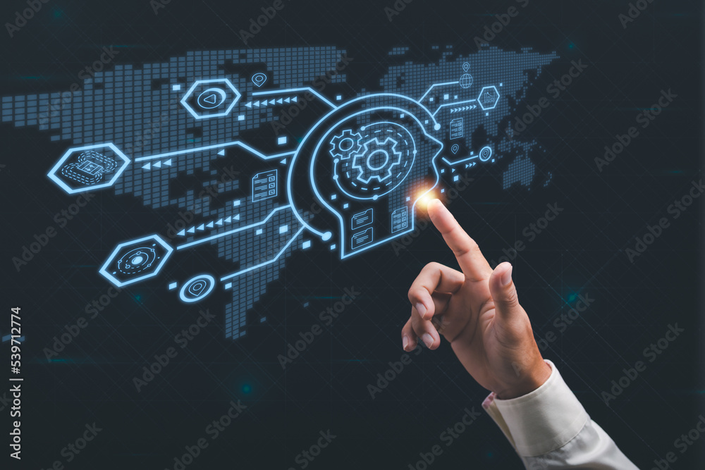 Businessman's finger pointing at virtual icons, business strategy development concept for success, Manage digital transformation, Optimize business process workflow. Businessman's finger pointing at virtual icons, business strategy development concept for success, Manage digital transformation, Optimize business process workflow.