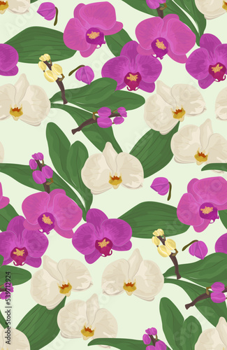 Vintage seamless pattern with orchid flowers on green background. Botanical ornaments. Vector illustration.