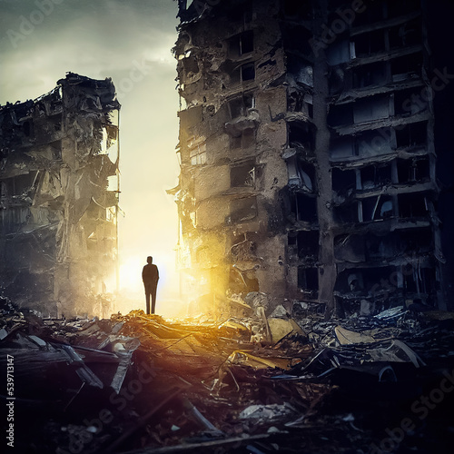 3d rendering of silhouette of one person standing on a huge pile of rubble in front of destroyed buildings  ruined during a war