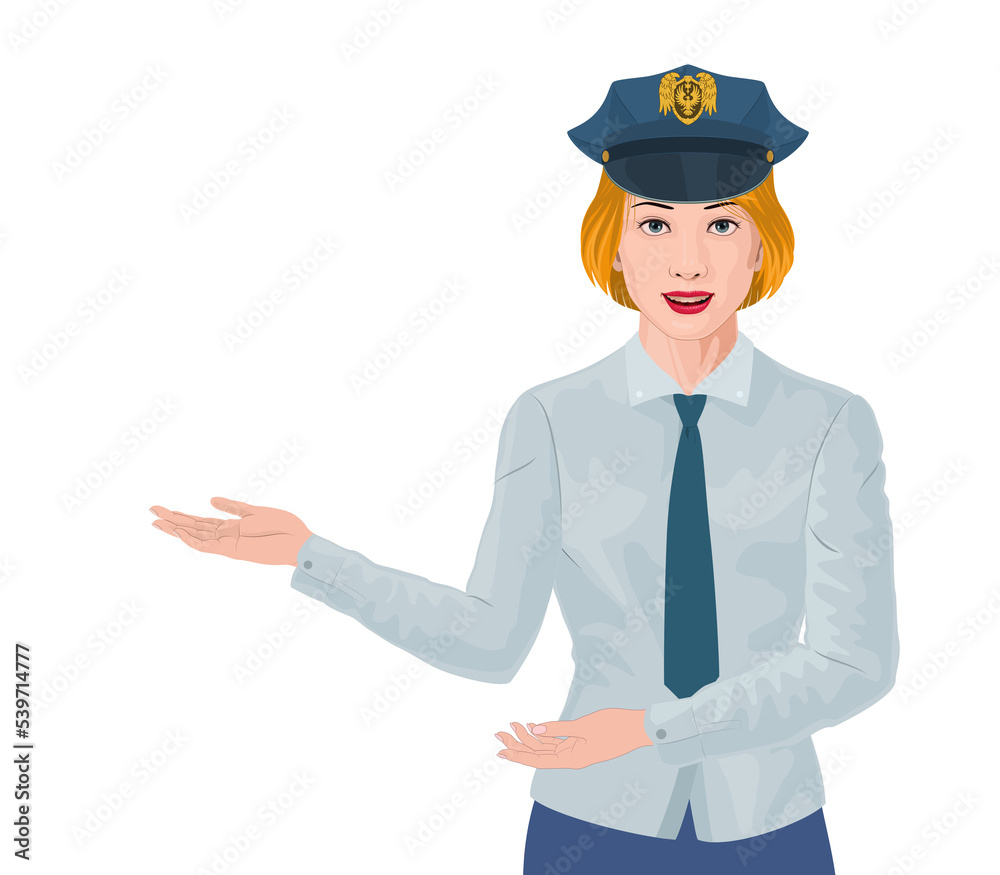 professional female hand gesture to introduce woman hat illustration transparent background basic police hat