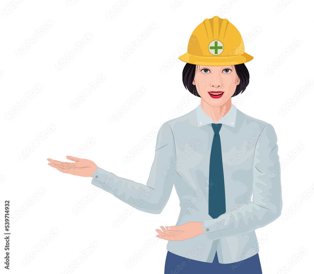 professional female hand gesture to introduce woman hat illustration transparent background yellow construction hard hat