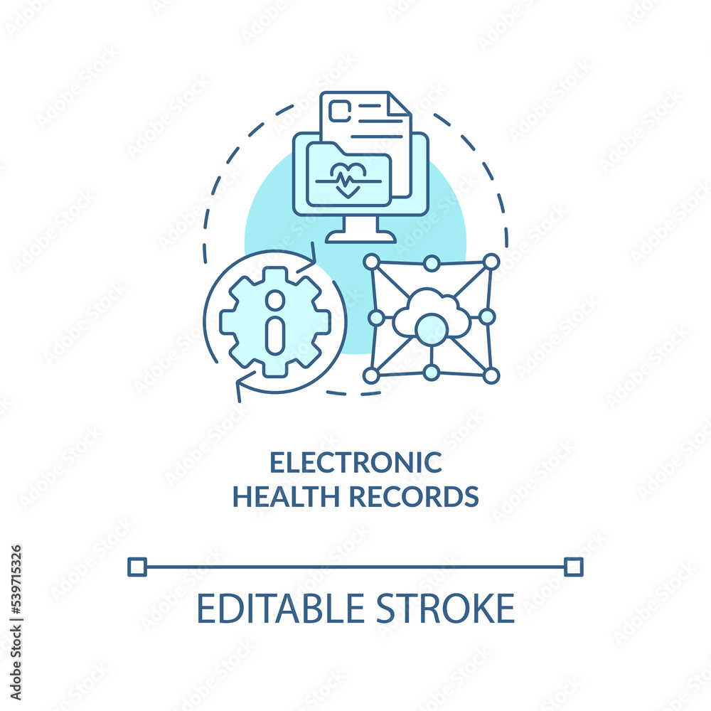 Electronic health information turquoise concept icon. Healthcare industry trend abstract idea thin line illustration. Isolated outline drawing. Editable stroke. Arial, Myriad Pro-Bold fonts used