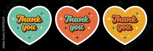 Retro groovy heart sticker set. Thank you phrase with retro stars. For packaging, cards, social media
