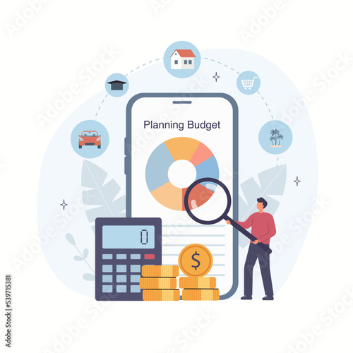 Small man  holding giant magnifier and planning budget. Vector flat style illustration