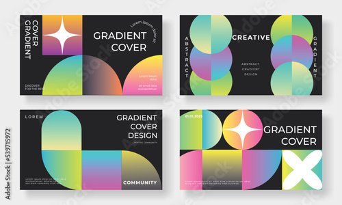 Abstract gradient cover template. Set of modern poster with geometric shapes, circles, sparkles, vibrant color. Gradient retro background for brochure, flyer, wallpaper, banner, business card. © TWINS DESIGN STUDIO
