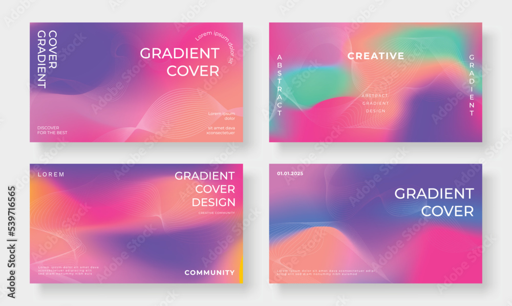 Abstract vibrant gradient cover template. Set of modern poster with gradient wavy lines, Line distortion. Gradient futuristic background for brochure, flyer, wallpaper, banner, business card.