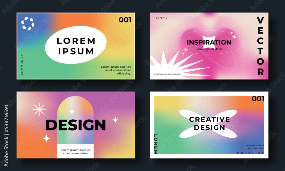Abstract colorful gradient cover template. Set of modern poster with vibrant graphic color, star, planet, geometric shapes. Gradient background for brochure, flyer, wallpaper, banner, business card.