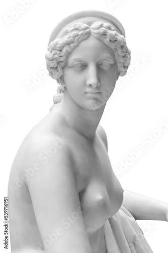 White marble sculpture head of young woman. Statue of sensual renaissance art era naked woman in circlet antique style isolated on