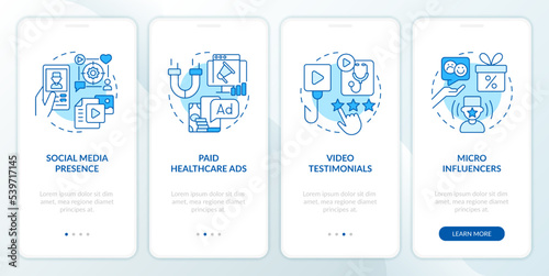 Health marketing strategies blue onboarding mobile app screen. Walkthrough 4 steps editable graphic instructions with linear concepts. UI, UX, GUI template. Myriad Pro-Bold, Regular fonts used