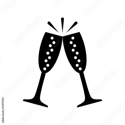 Icon of two wine glasses clinking together. Two sparkling champagne glasses clinking together. Vector illustration.