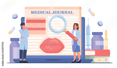Cosmetologist online concept. Women study skin and lips, structure of face. Beauty and health care, fight against wrinkles. Medical poster or banner for website. Cartoon flat vector illustration