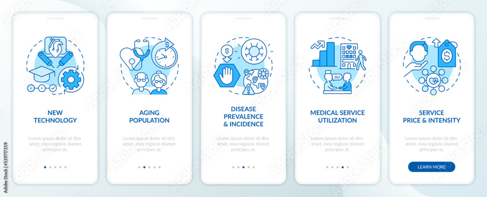 Costly health service reasons blue onboarding mobile app screen. Walkthrough 5 steps editable graphic instructions with linear concepts. UI, UX, GUI template. Myriad Pro-Bold, Regular fonts used