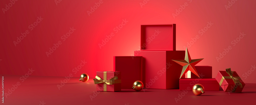 The red minimal scene with a Christmas gift box and gold ornament on a ...