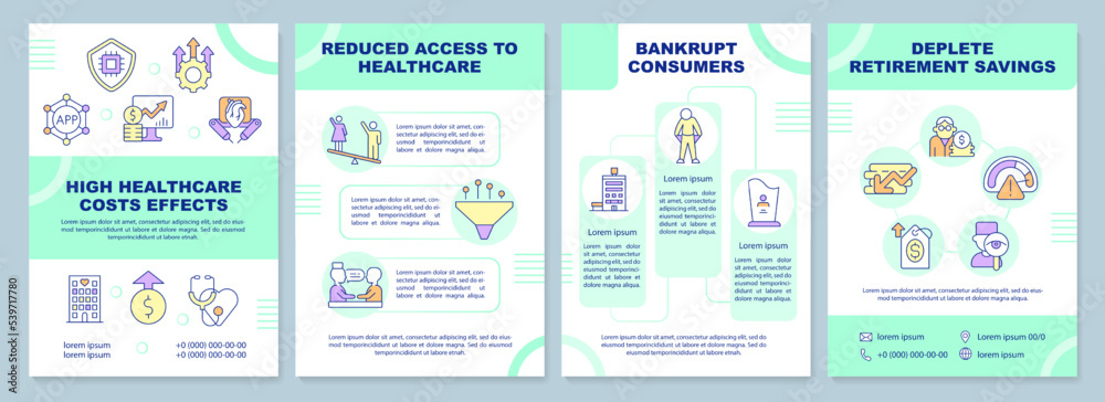 High healthcare cost effects blue brochure template. Leaflet design with linear icons. Editable 4 vector layouts for presentation, annual reports. Arial-Black, Myriad Pro-Regular fonts used