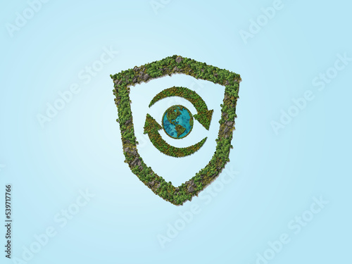 3D green safety symbol. Save Earth concept. World Environment day or Earth Day. Parris Agreements photo