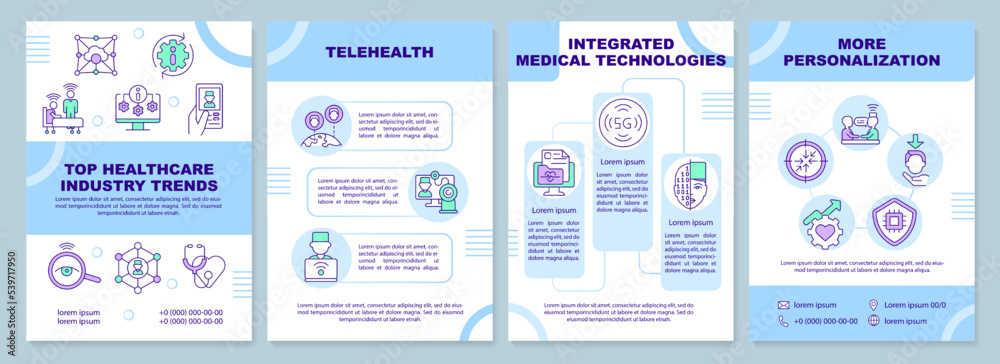 Top healthcare industry trends blue brochure template. Leaflet design with linear icons. Editable 4 vector layouts for presentation, annual reports. Arial-Black, Myriad Pro-Regular fonts used