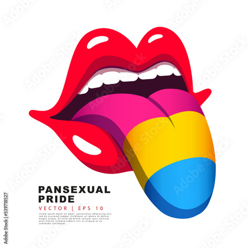 Red lips with a protruding tongue painted in the colors of the flag of pansexual pride. A colorful logo of one of the LGBT flags. Sexual identification. 
