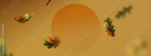 3D background. Orange display. autumn dry leaf falling. Cosmetic, beauty product promotion banner. Natural shadow. Fall render. Yellow glass circle showcase. Abstract minimal  3D render text mockup.