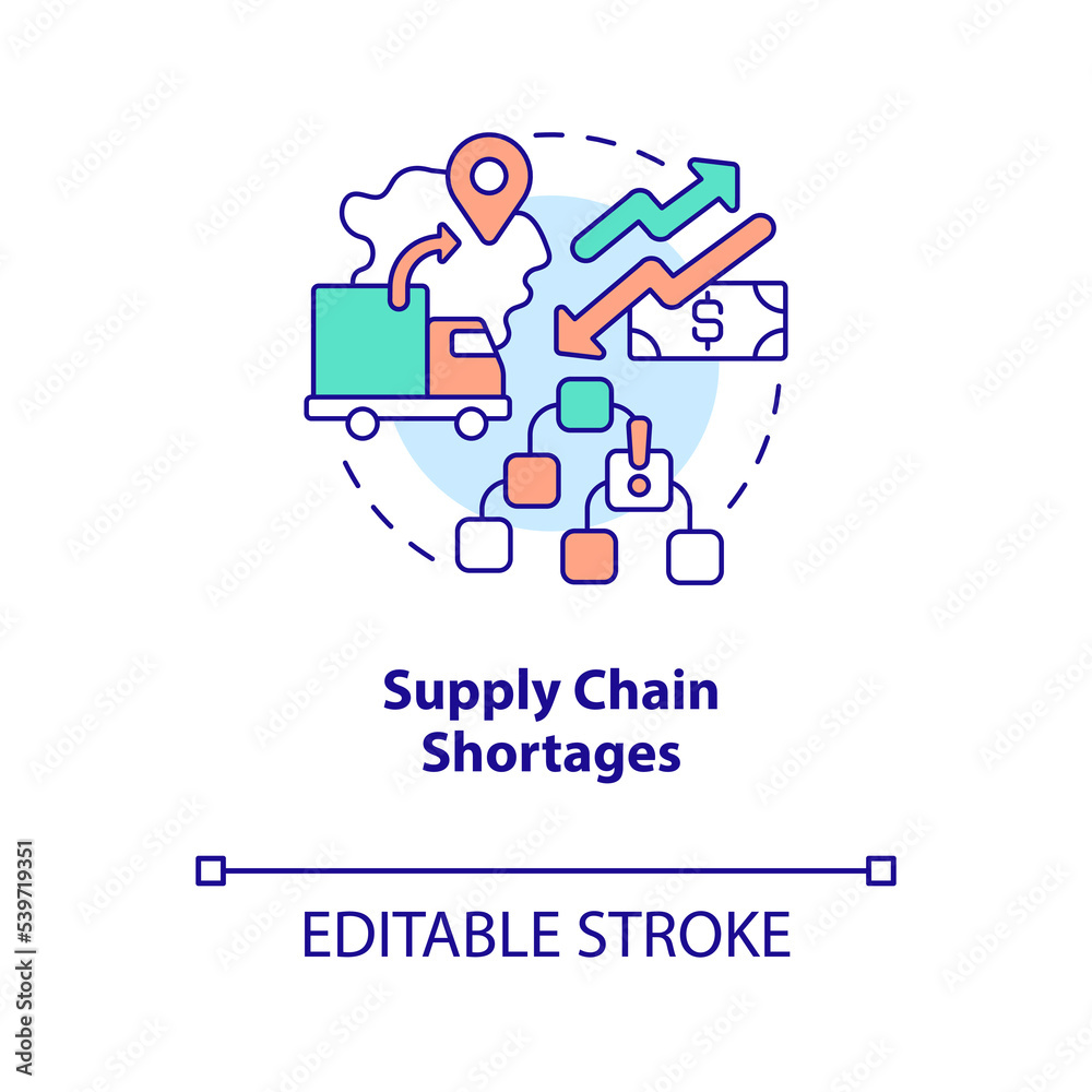 Supply chain shortages concept icon. Logistic management problems. Farming economics abstract idea thin line illustration. Isolated outline drawing. Editable stroke. Arial, Myriad Pro-Bold fonts used