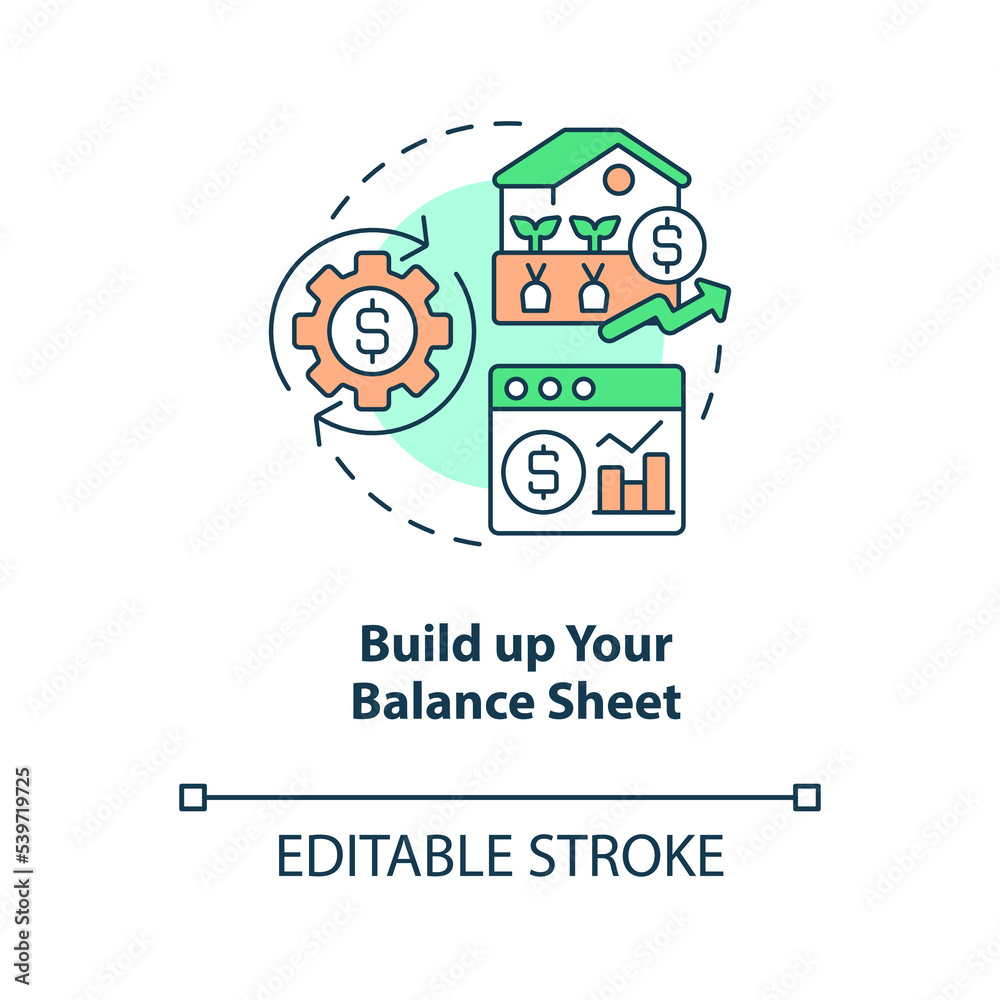 Build up your balance sheet concept icon. Profitable farm business. Grow agro income abstract idea thin line illustration. Isolated outline drawing. Editable stroke. Arial, Myriad Pro-Bold fonts used