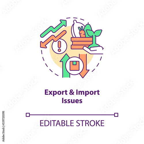 Agro export and import issues concept icon. International agricultural product trade abstract idea thin line illustration. Isolated outline drawing. Editable stroke. Arial, Myriad Pro-Bold fonts used