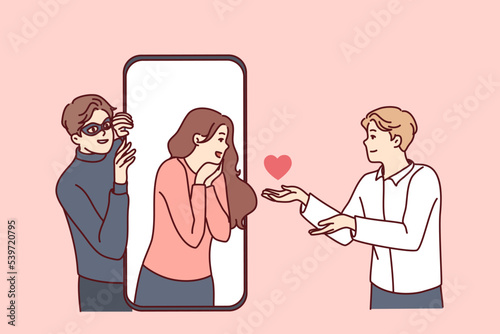 People talking online on dating app on smartphone with hacker steal personal data. Man and woman chat on web application on cellphone. Vector illustration. 