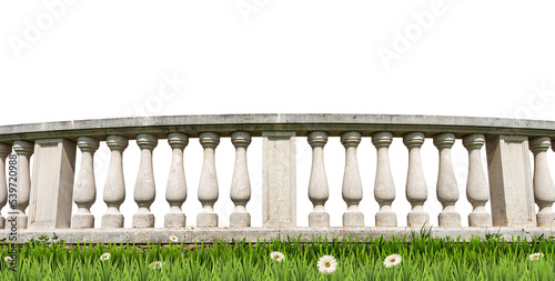Close-up of a white stone balustrade on a green meadow (green grass and daisy flowers), isolated on white or transparent background, photography, png Fototapet