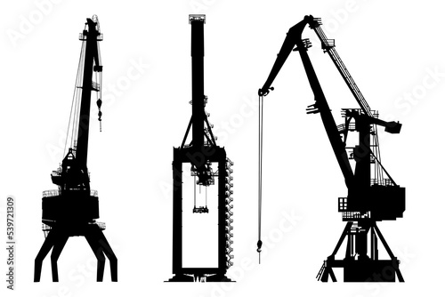 Set of cargo cranes isolated on white background. Harbor crane, winches and lift black silhouette. Shipping port equipment. Dockyard or construction cargo tower crane. Stock vector illustration