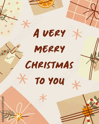 A Very Merry Christmas to you Holiday greeting cards. Cute illustration of gift boxes in a craft paper with snowflakes. New Year Invintation.