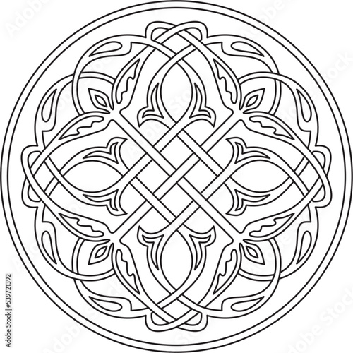 Vector monochrome linear round Byzantine ornament, knot, rosette. Circle Greek pattern, Drawing of the Eastern Roman Empire. Decoration of the Russian Orthodox Church..