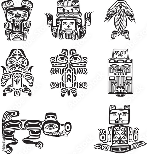 Vector set of monochrome Indian symbols. National ornament of native americans, aztecs, maya, incas.